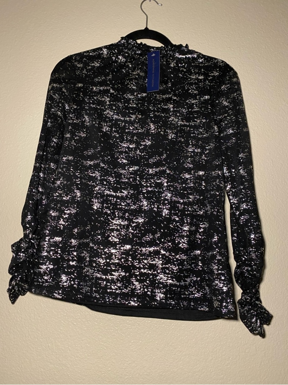 Adrienne Black Top with Silver Metallic Print and Tie Cuffs Size S